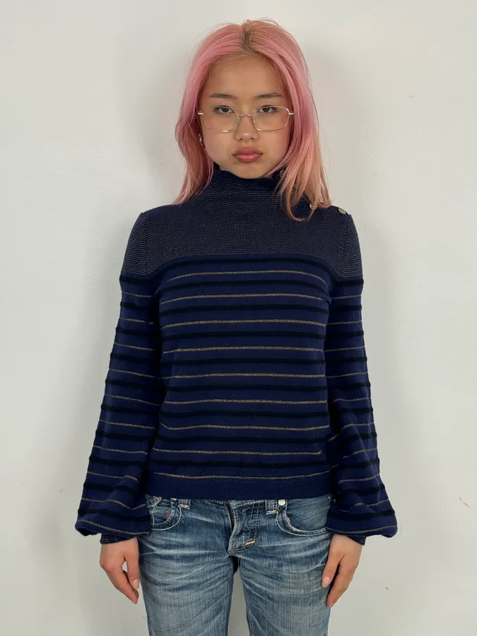 2000s Sonia Rykiel Navy Striped Cashmere Sweater - Image 2