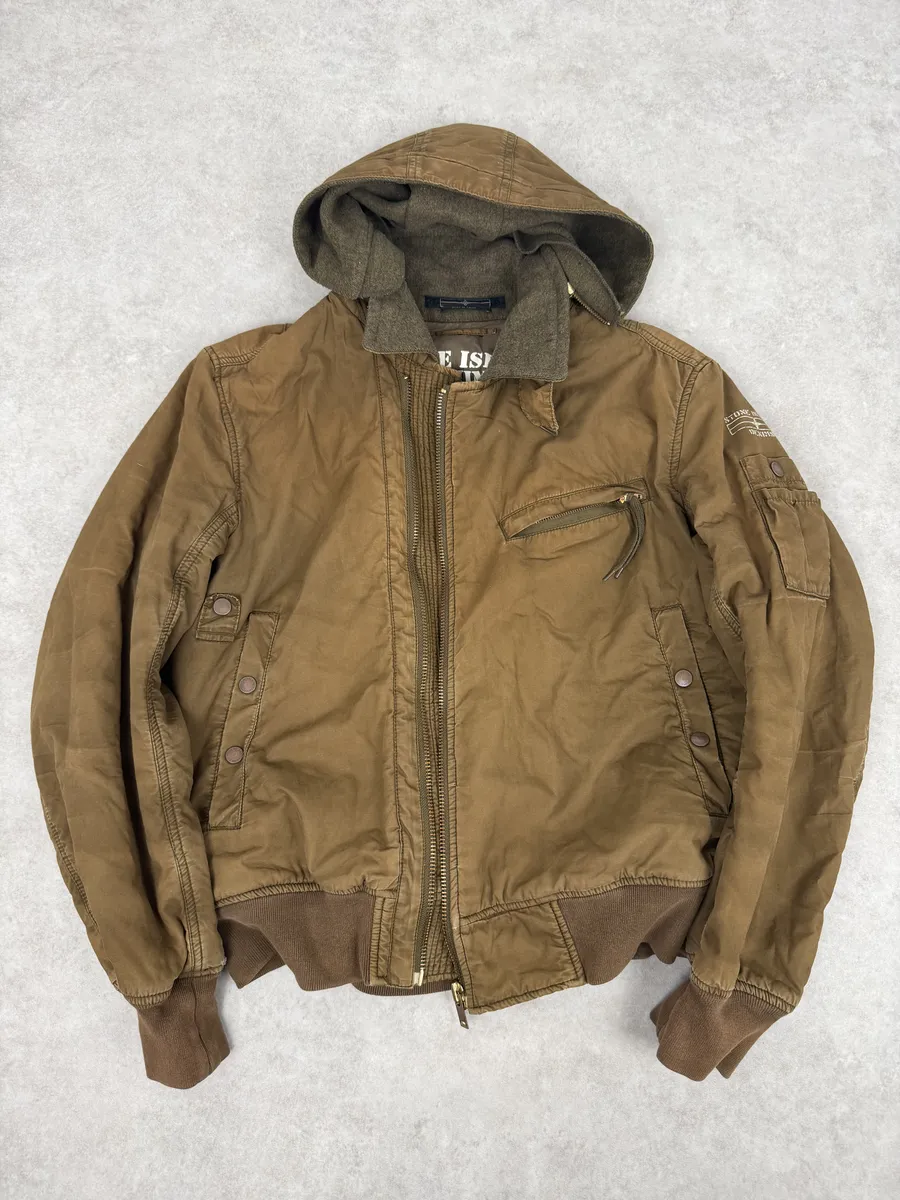 2000s Stone Island Brown Hooded Utility Bomber Jacket - Image 2