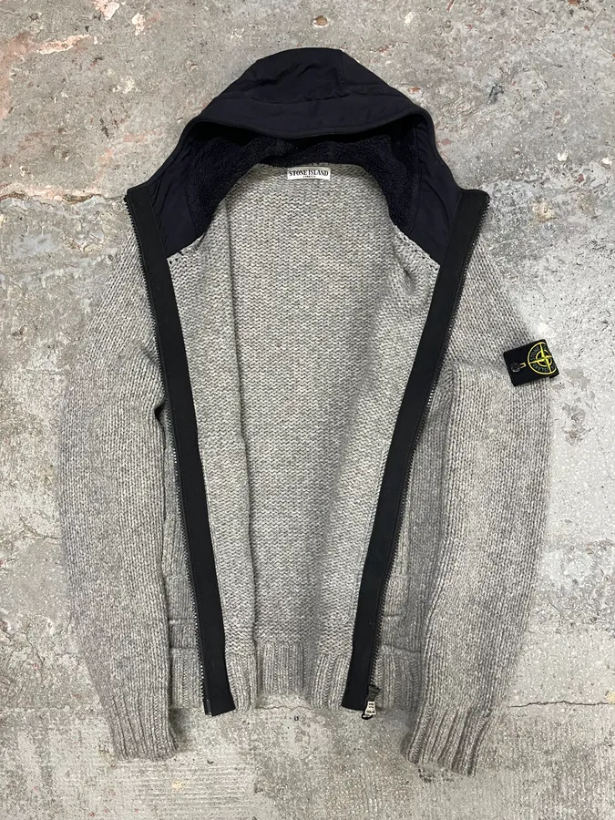 2000s Stone Island Grey Wool Hooded Sweater - Image 3