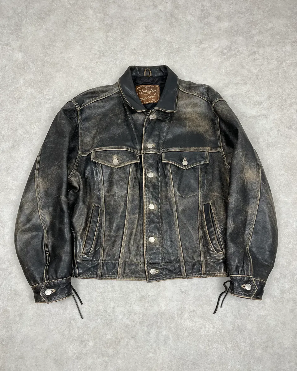 2000s Unlimited Archive Grey Eroded Leather Patina Trucker Jacket