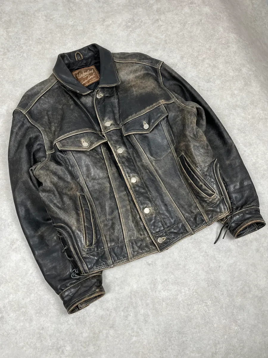 2000s Unlimited Archive Grey Eroded Leather Patina Trucker Jacket - Image 4