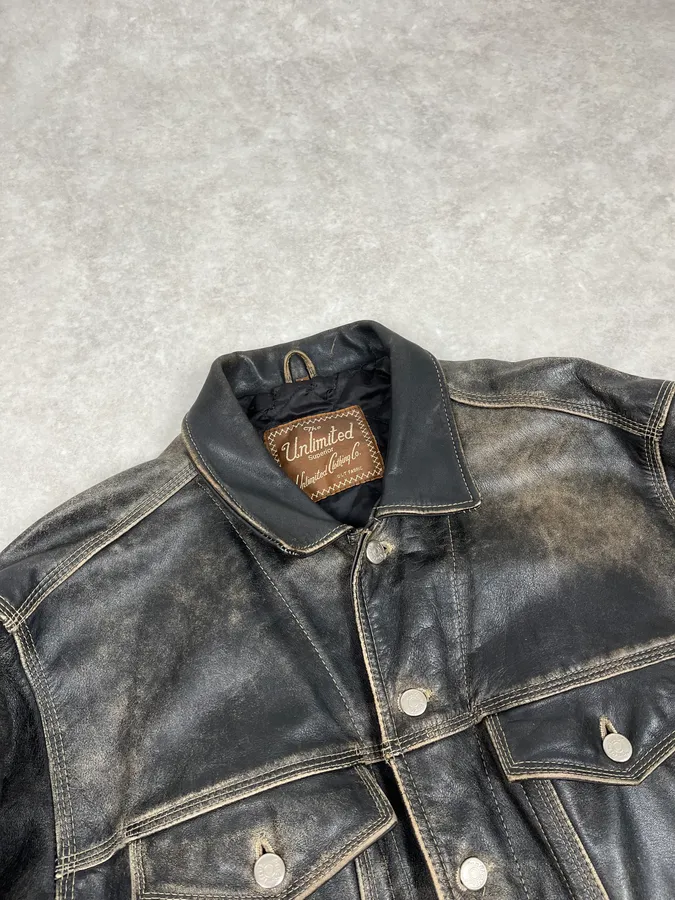 2000s Unlimited Archive Grey Eroded Leather Patina Trucker Jacket - Image 5