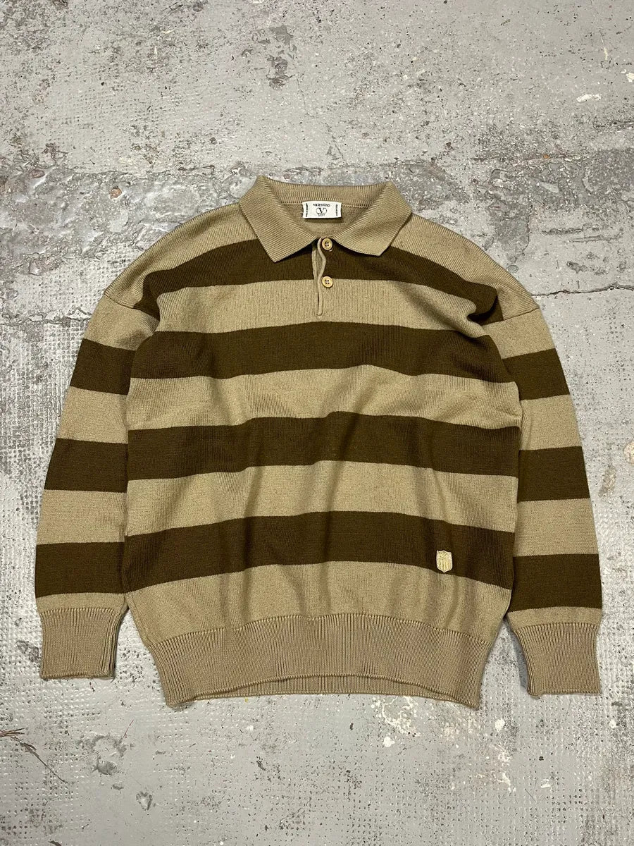 2000s Valentino Stripes Brown Beige Polo Longsleeves - Image 3