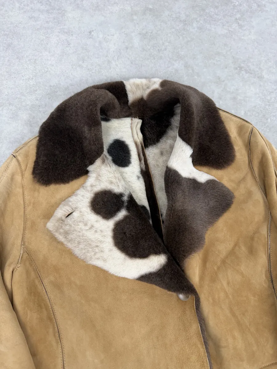 2000s Versace Beige Leather Fur Collar Cow Effect Coat - Image 10