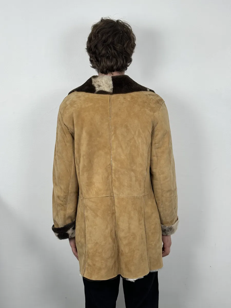 2000s Versace Beige Leather Fur Collar Cow Effect Coat - Image 5