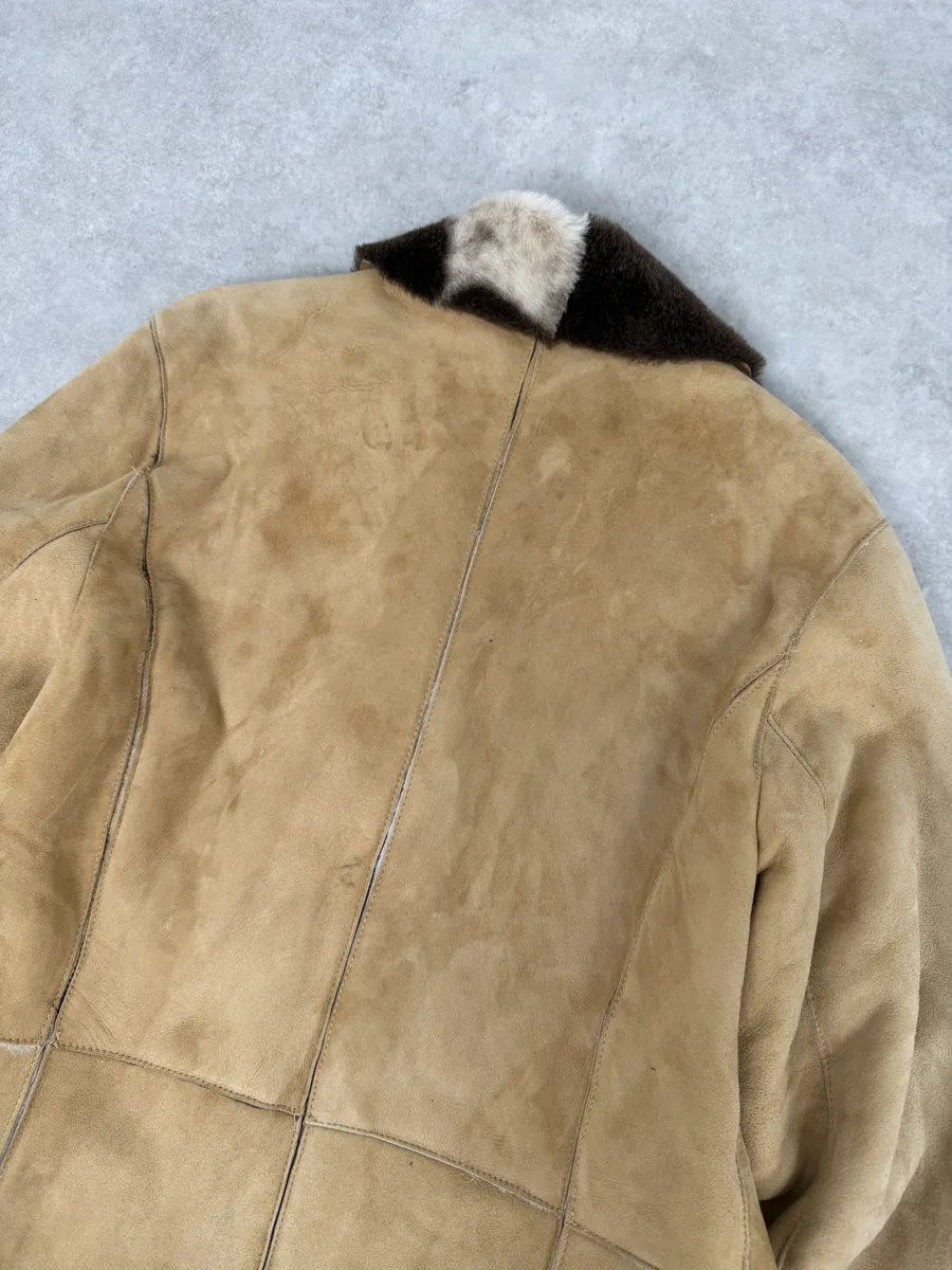 2000s Versace Beige Leather Fur Collar Cow Effect Coat - Image 7