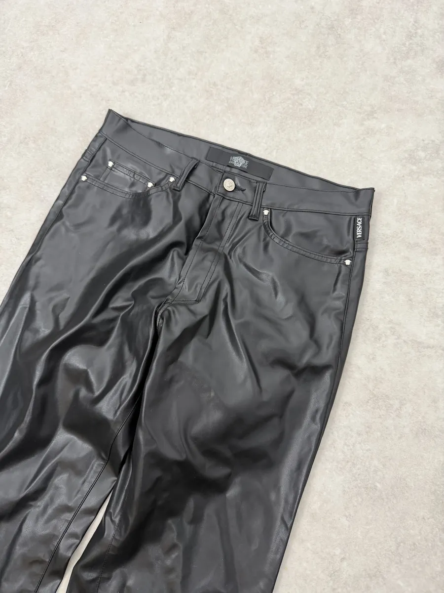 2000s Versace Black Cozy Faux Leather Pants - Image 10