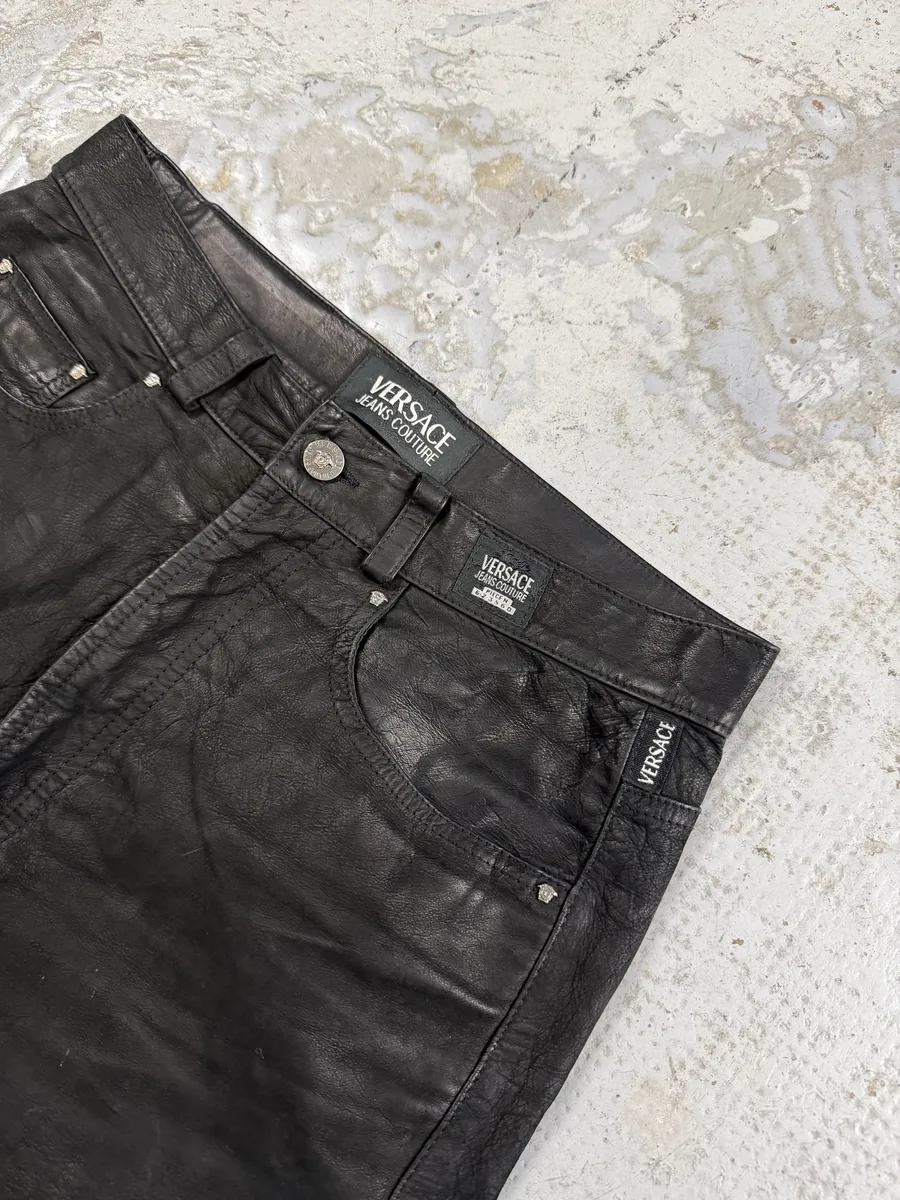 2000s Versace Black Eroded Leather Pants - Image 10