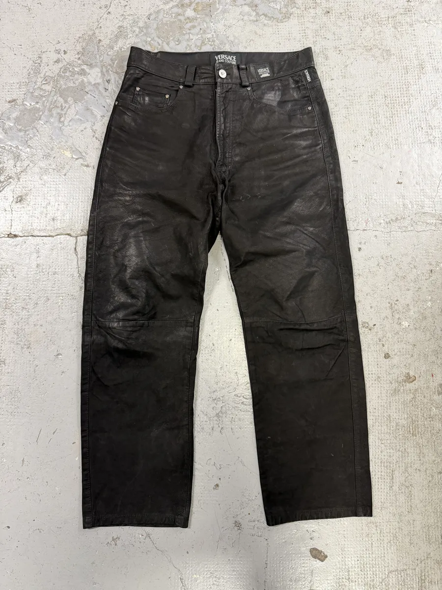 2000s Versace Black Eroded Leather Pants - Image 4