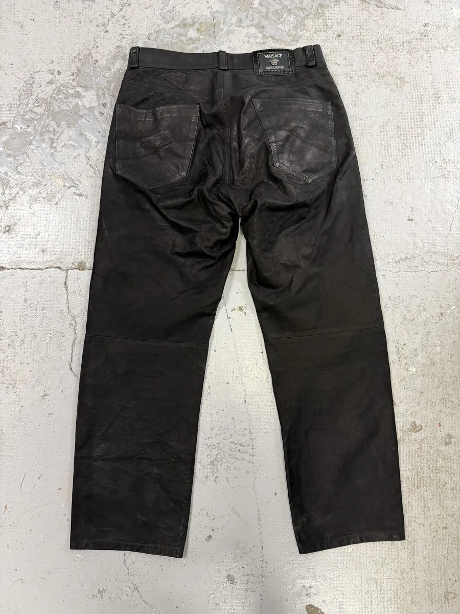 2000s Versace Black Eroded Leather Pants - Image 5