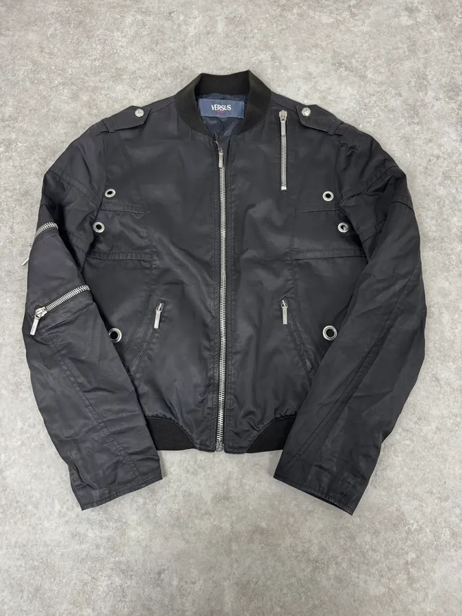 2000s Versace Black Eyled Multi Zips Jacket