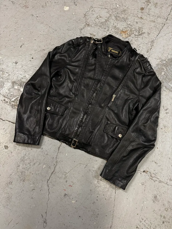 2000s Versace Black Leather Zip Utility Jacket - Image 3