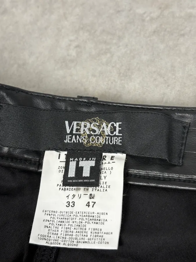 2000s Versace Black Lined Faux Leather Pants - Image 8