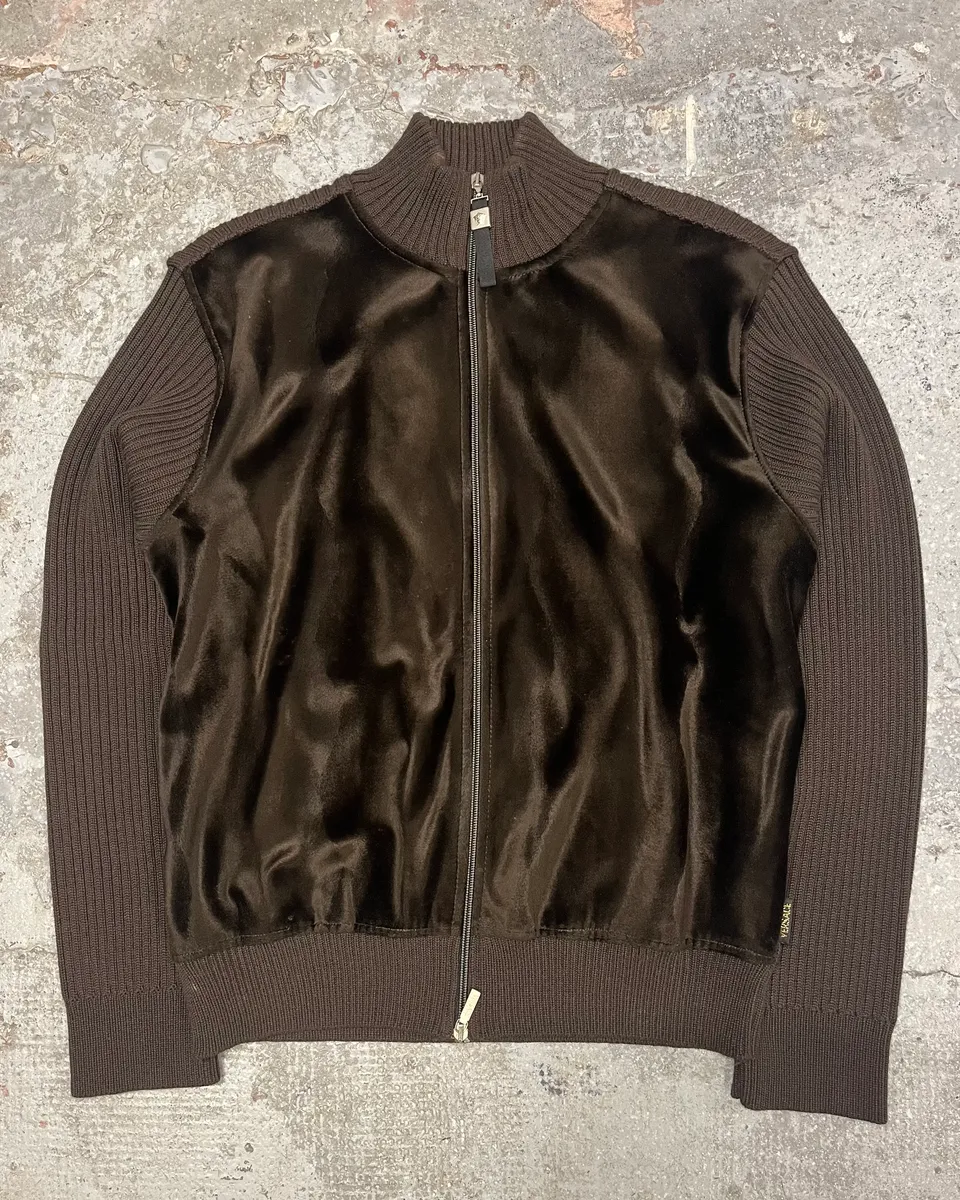 2000s Versace Brown Pony Hair Hybrid Zip-Up Sweater
