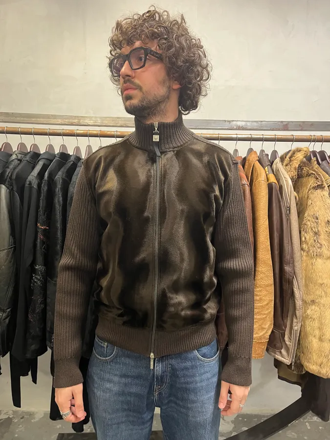 2000s Versace Brown Pony Hair Hybrid Zip-Up Sweater - Image 2