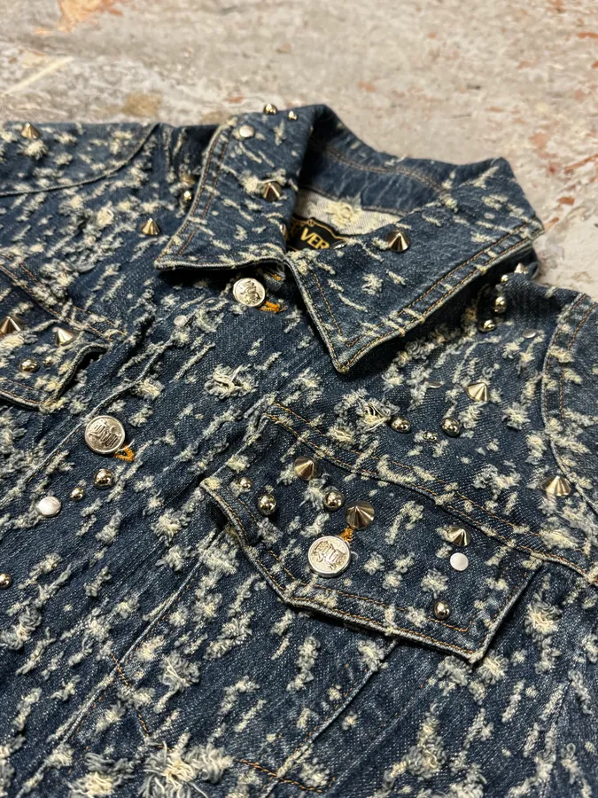 2000s Versace Distressed Studded Blue Denim Jacket - Image 5