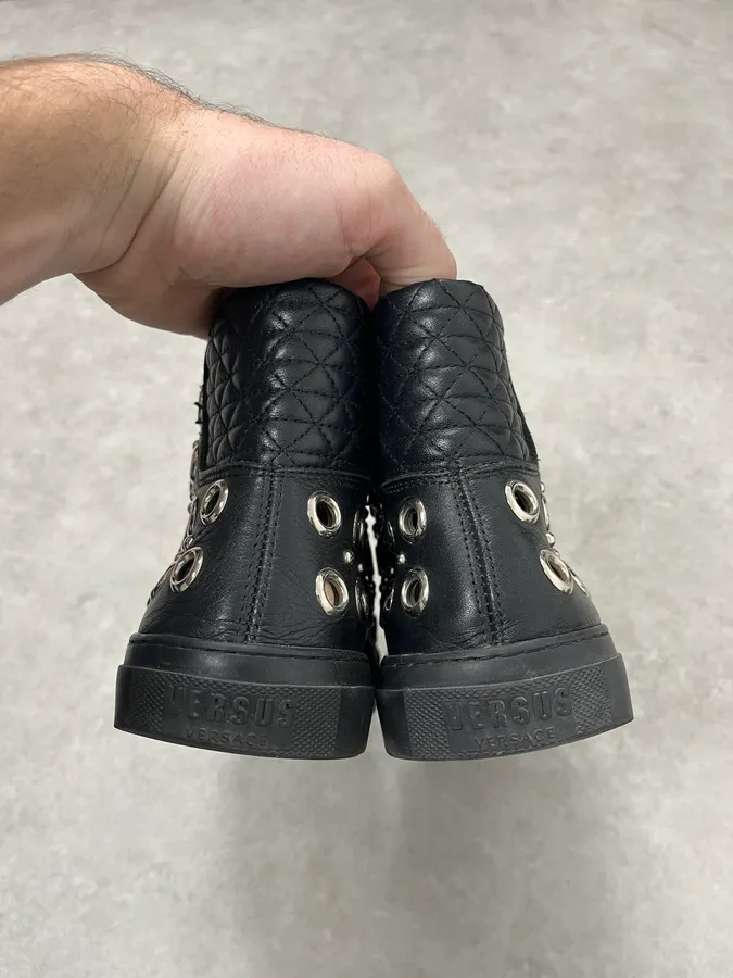 2000s Versace Eyelet Black Leather High Top Shoes - Image 7