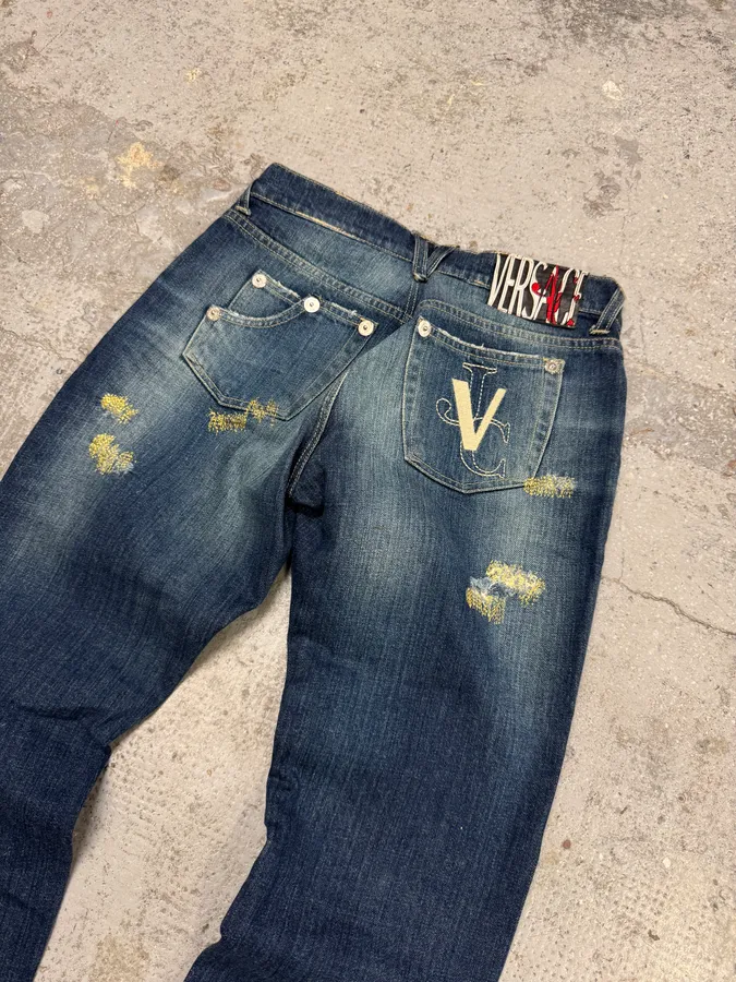 2000s Versace Green Distressed Blue Denim Jeans - Image 3