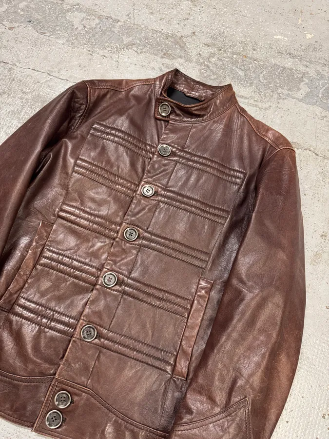 2000s Versace Napoleon Brown Leather Jacket - Image 9