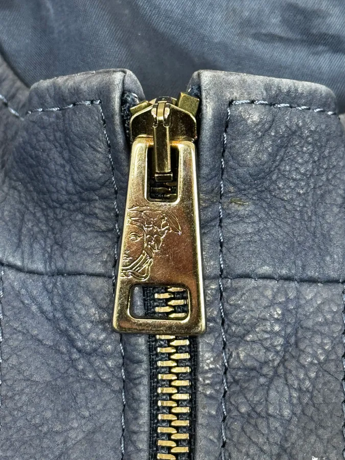 2000s Versace Navy Biker Leather Jacket - Image 12