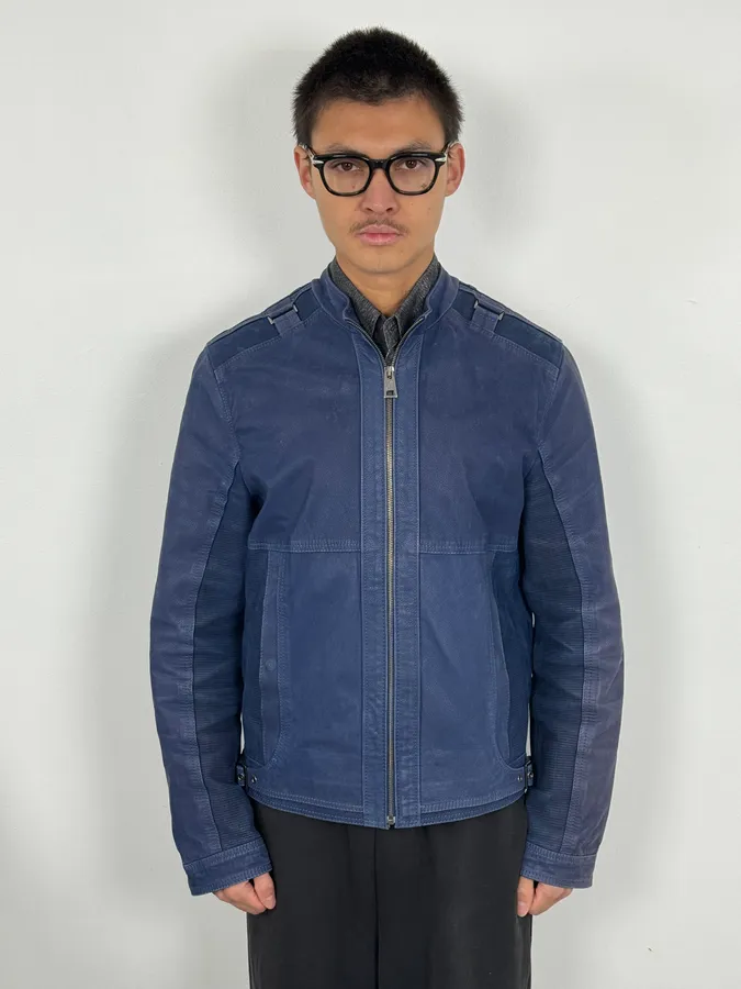 2000s Versace Navy Biker Leather Jacket - Image 2