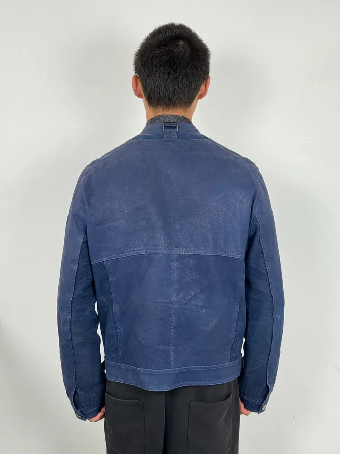 2000s Versace Navy Biker Leather Jacket - Image 3