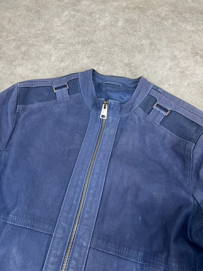 2000s Versace Navy Biker Leather Jacket - Image 5