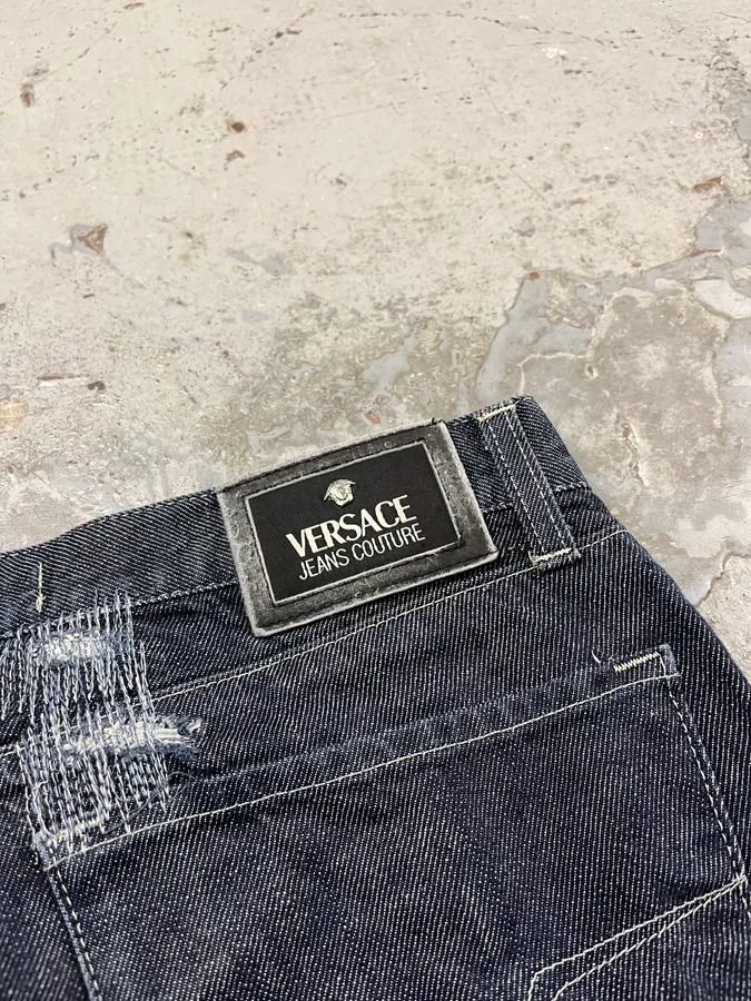 2000s Versace Navy Brut Distressed Patchwork Denim Jeans - Image 10