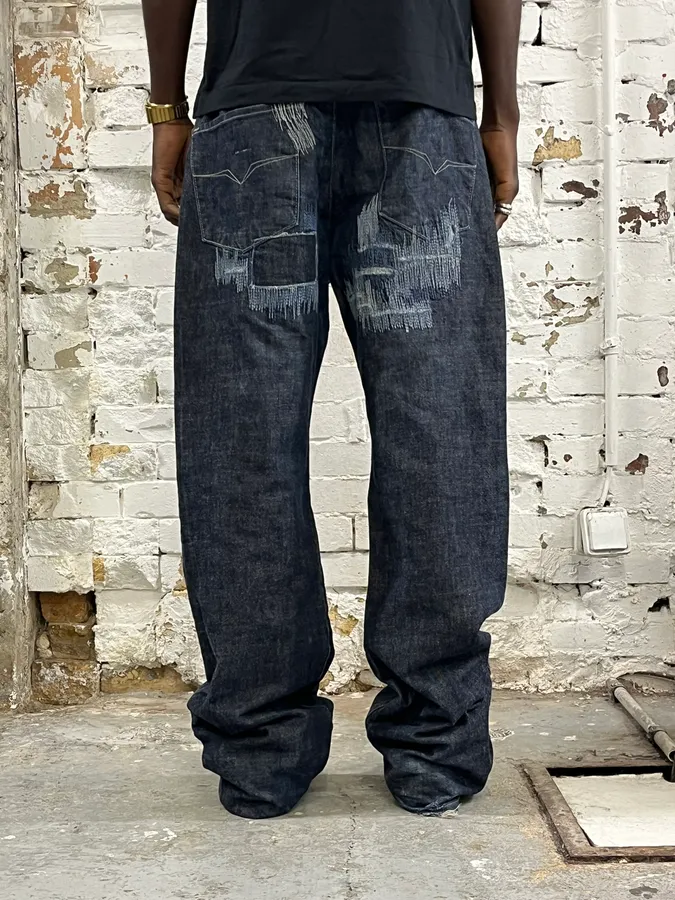 2000s Versace Navy Brut Distressed Patchwork Denim Jeans - Image 3