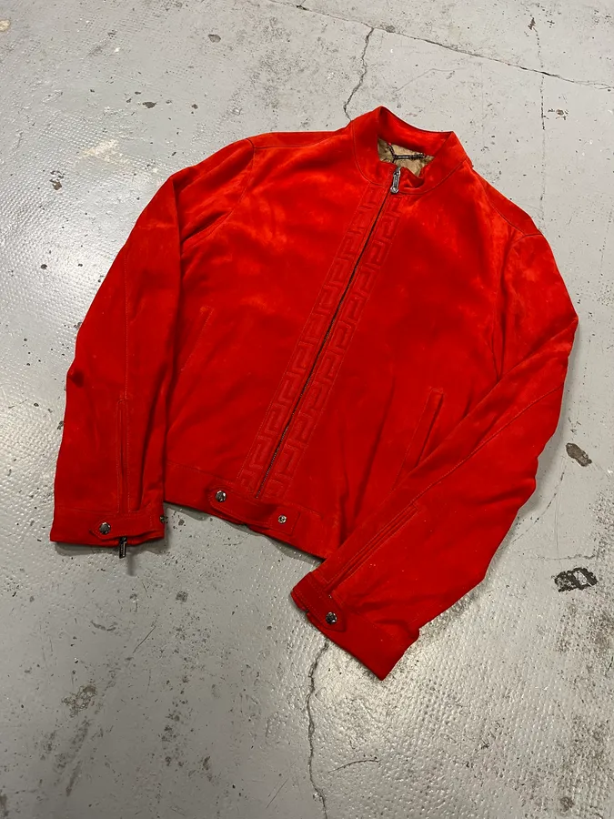 2000s Versace Orange Red Suede Leather Biker Jacket - Image 4