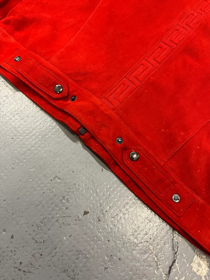 2000s Versace Orange Red Suede Leather Biker Jacket - Image 8