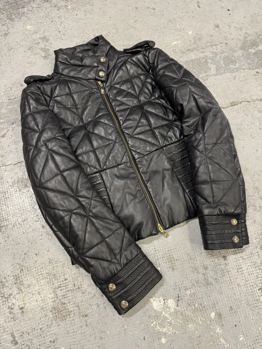 2000s Versace Padded Black Leather Jacket - Image 11