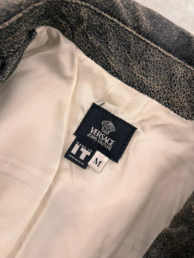 2000s Versace Raw Faded Cropped Grey Leather Trucker Jacket - Image 10