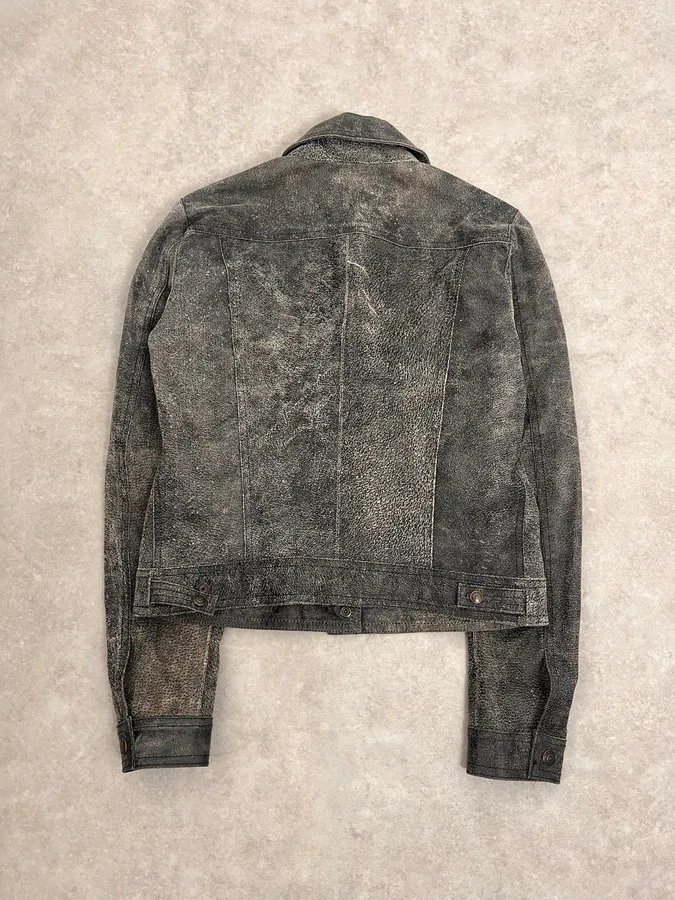 2000s Versace Raw Faded Cropped Grey Leather Trucker Jacket - Image 8