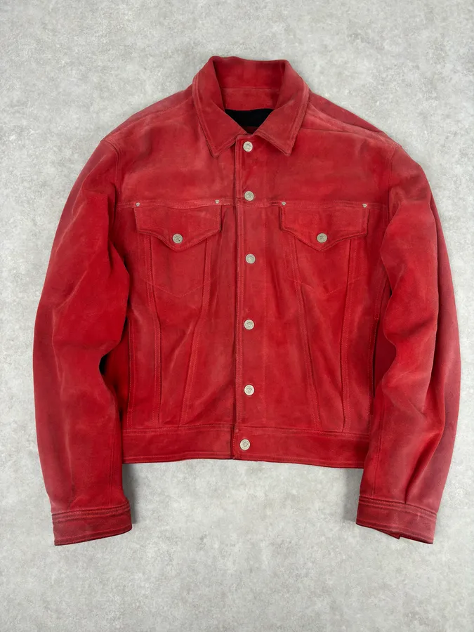 2000s Versace Red Suede Leather Trucker Jacket