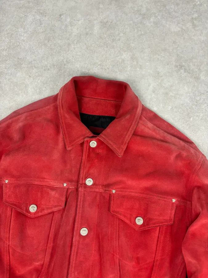 2000s Versace Red Suede Leather Trucker Jacket - Image 4