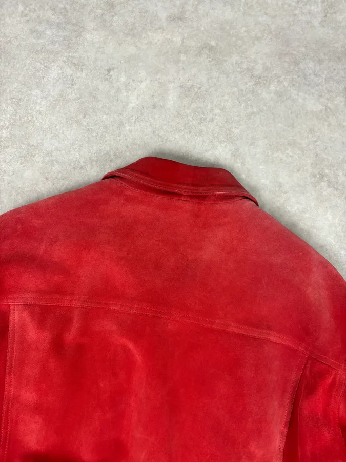 2000s Versace Red Suede Leather Trucker Jacket - Image 6