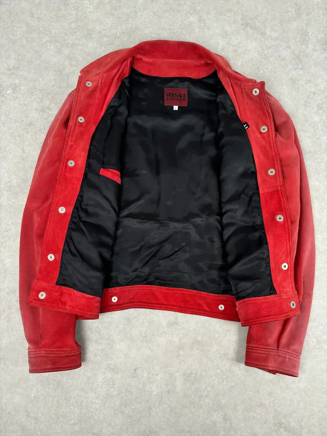2000s Versace Red Suede Leather Trucker Jacket - Image 7