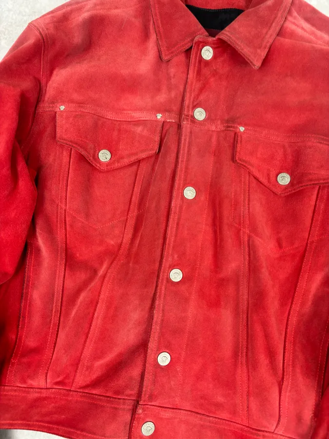 2000s Versace Red Suede Leather Trucker Jacket - Image 8