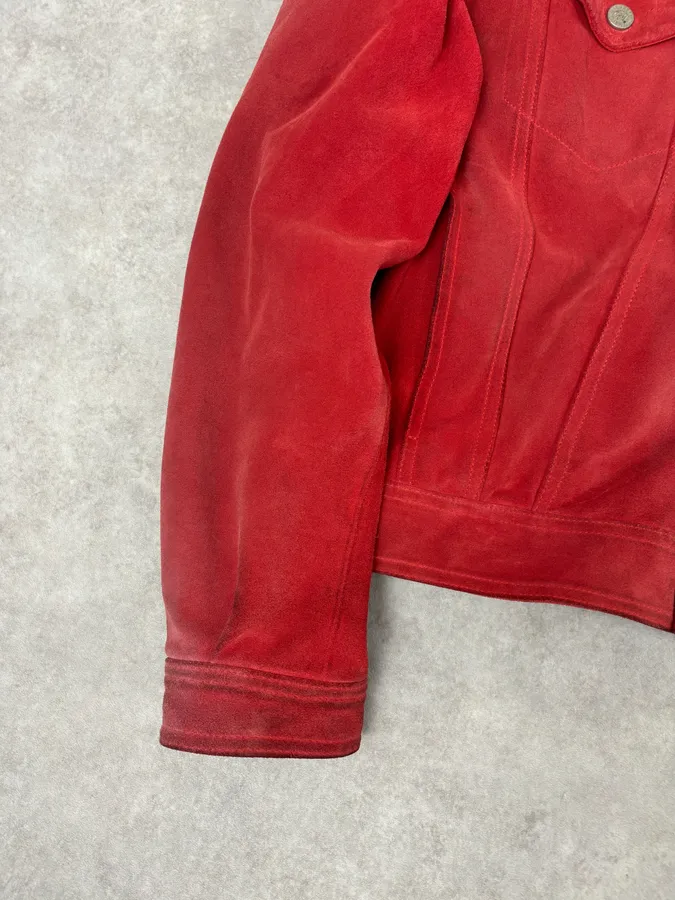 2000s Versace Red Suede Leather Trucker Jacket - Image 9