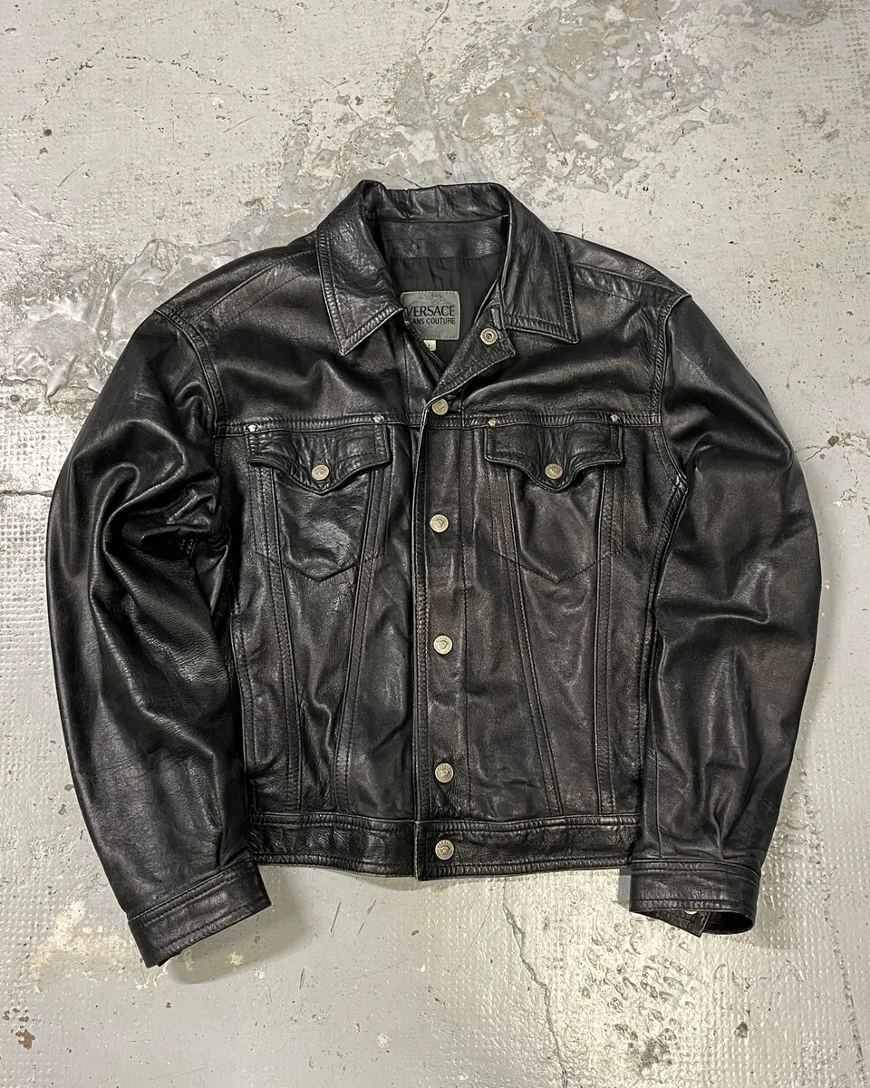 2000s Versace Trucker Black Leather Jacket