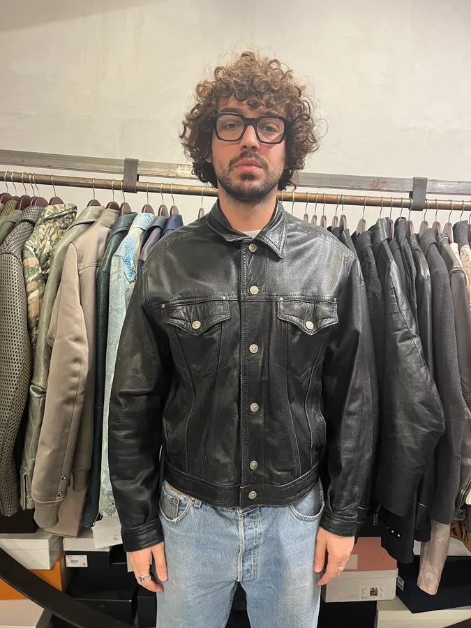 2000s Versace Trucker Black Leather Jacket - Image 2