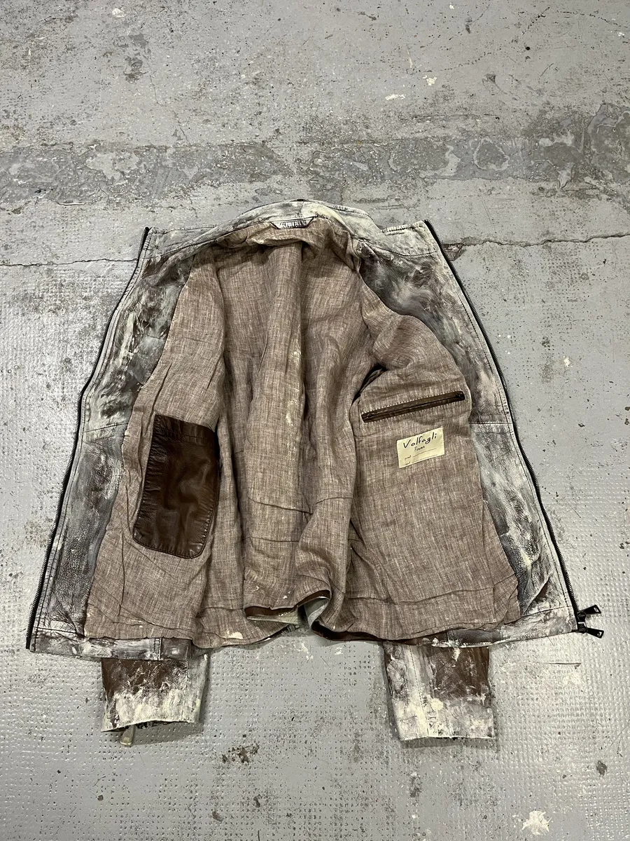 2000s Volfagli Brown & White Bleached Effect Biker Leather Jacket - Image 6
