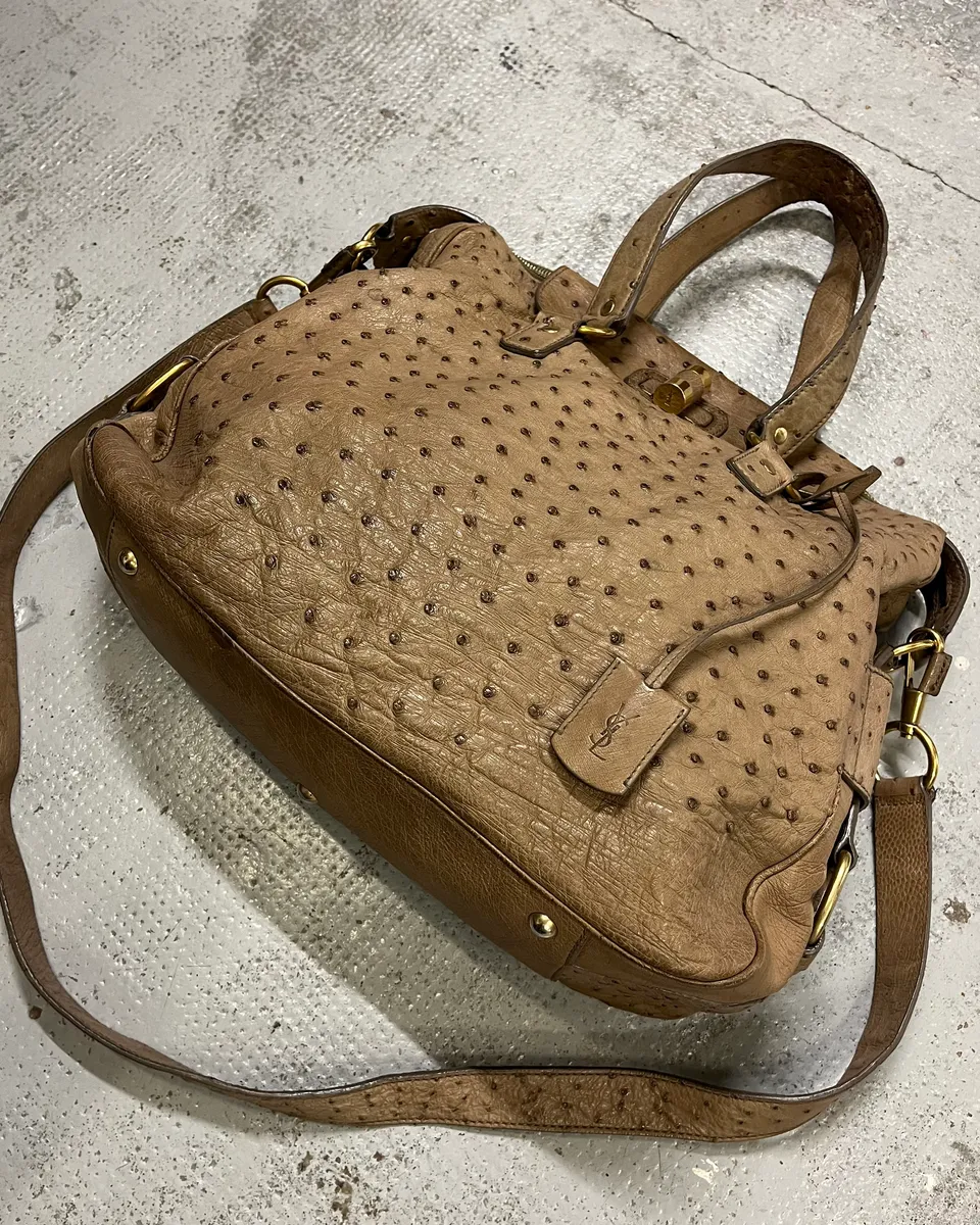 2000s Yves Saint Laurent Beige Ostrich Leather Handle Bag - Image 4