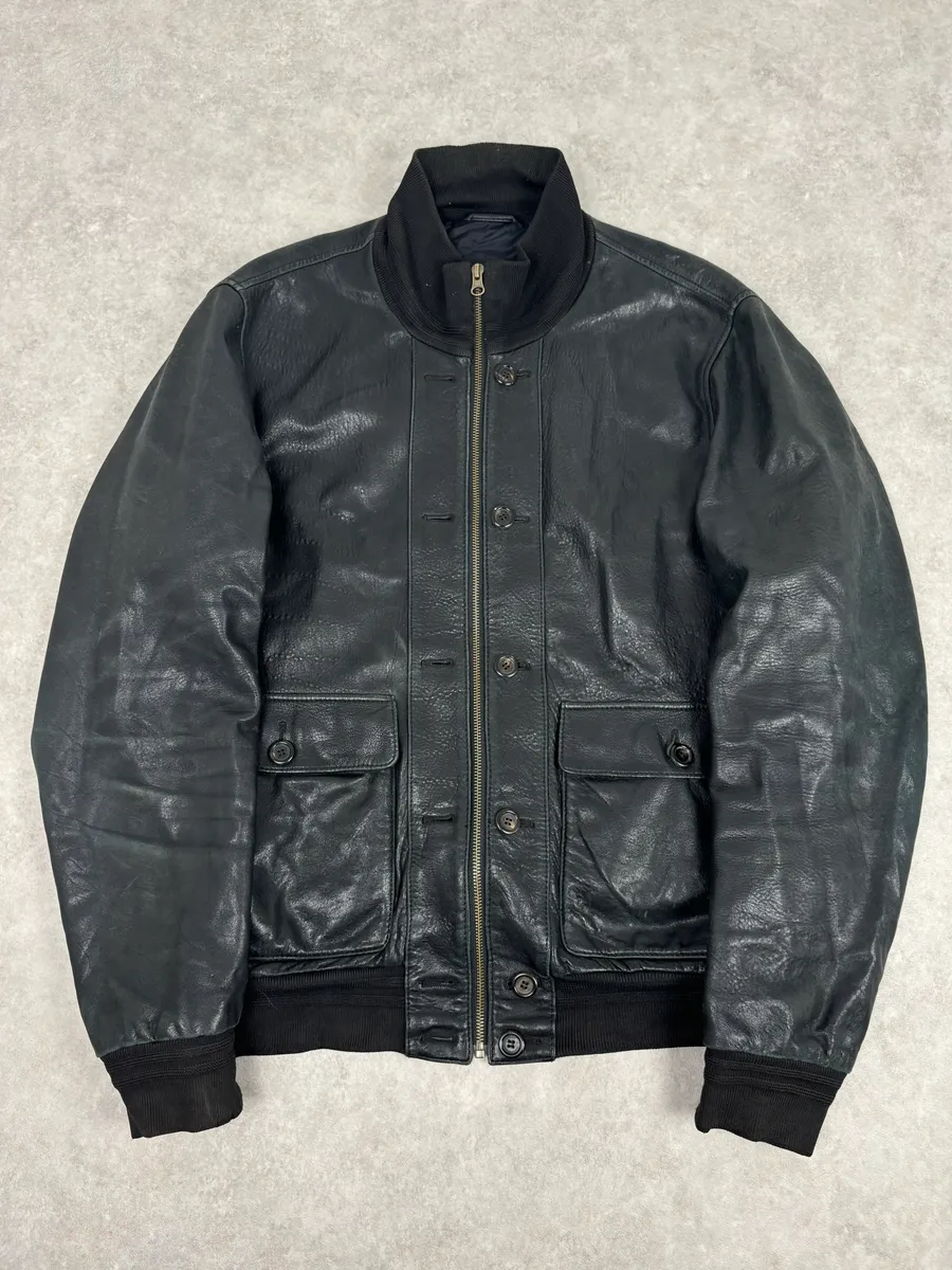 2000s Yves Saint Laurent Black Leather Logo Bomber Jacket
