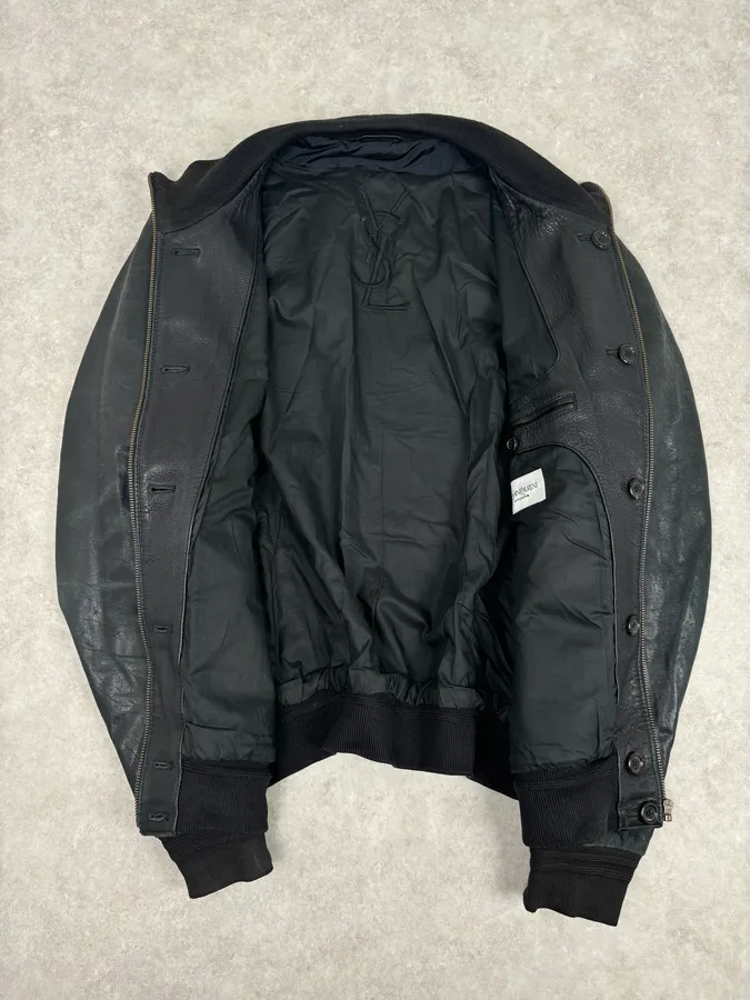 2000s Yves Saint Laurent Black Leather Logo Bomber Jacket - Image 7