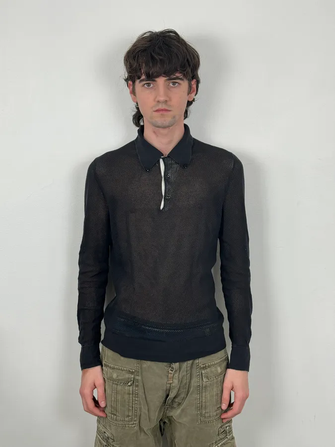 2000s Yves Saint Laurent Black Mesh Longsleeve Polo