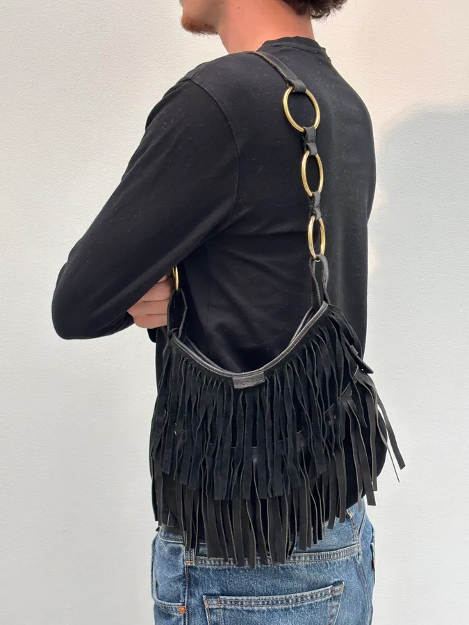 2000s Yves Saint Laurent Black Suede Fringe Shoulder Bag - Image 3