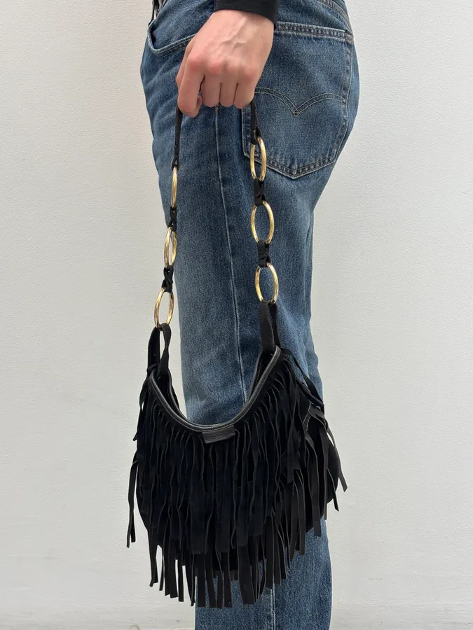 2000s Yves Saint Laurent Black Suede Fringe Shoulder Bag - Image 4