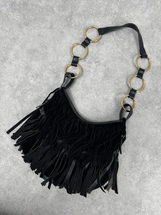 2000s Yves Saint Laurent Black Suede Fringe Shoulder Bag - Image 8